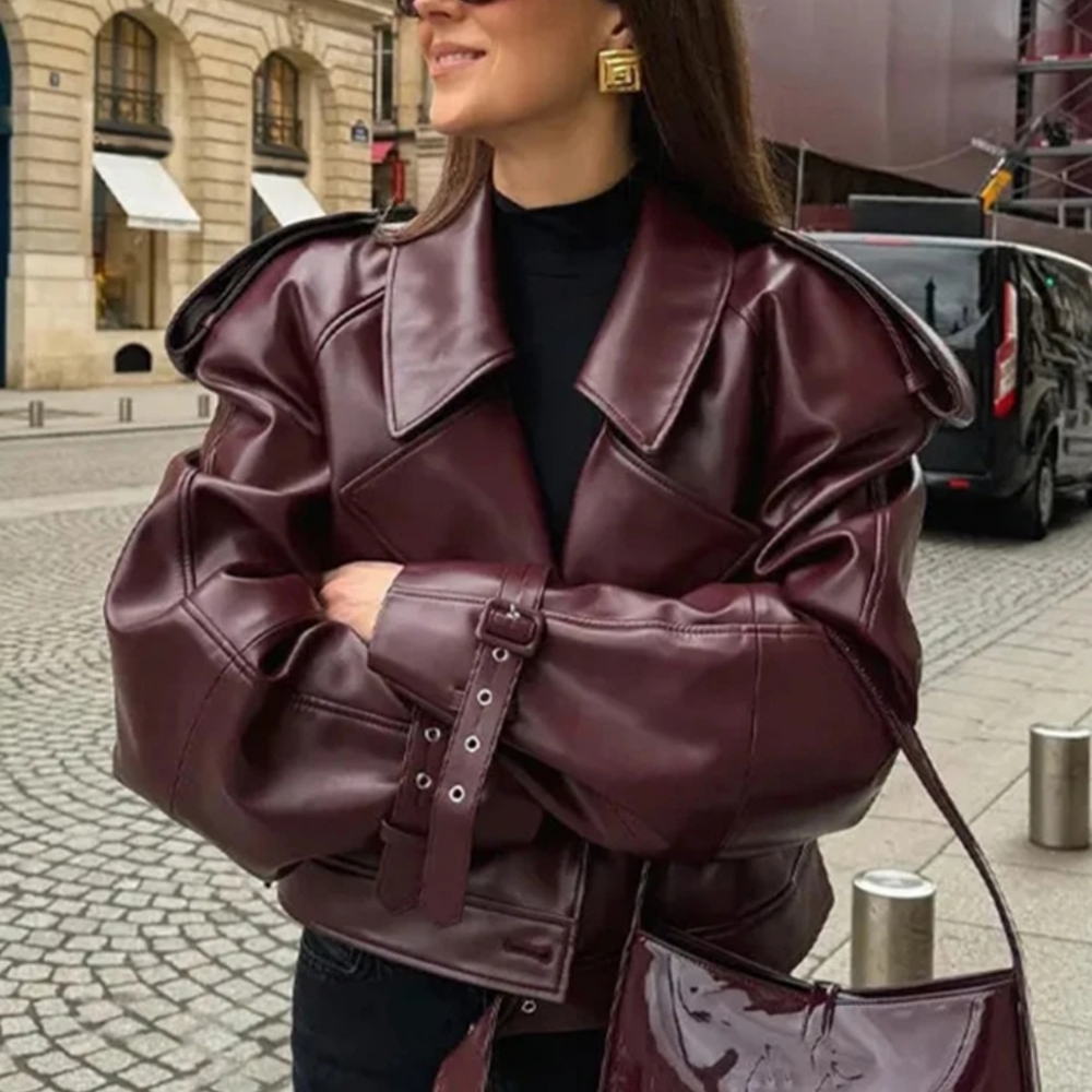 Elegant Women Long Sleeve Leather Jacket